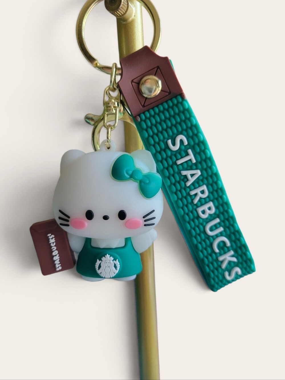 Starbucks Teal and Hello Kitty Keychain Charm with Gold Hardware